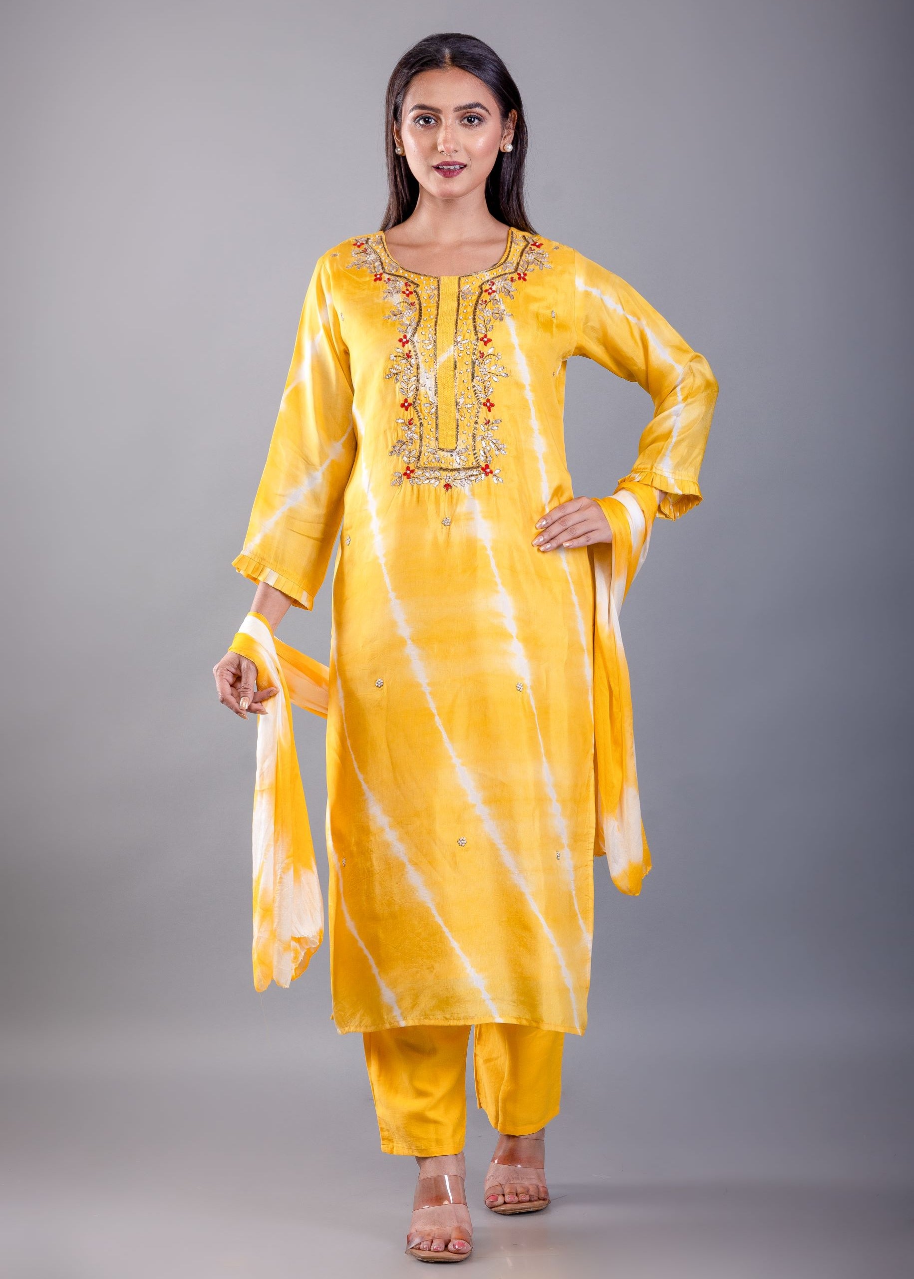 Yellow Shibori Dyed Kurti Set With Gota and Embroidered Hand Work - image 1