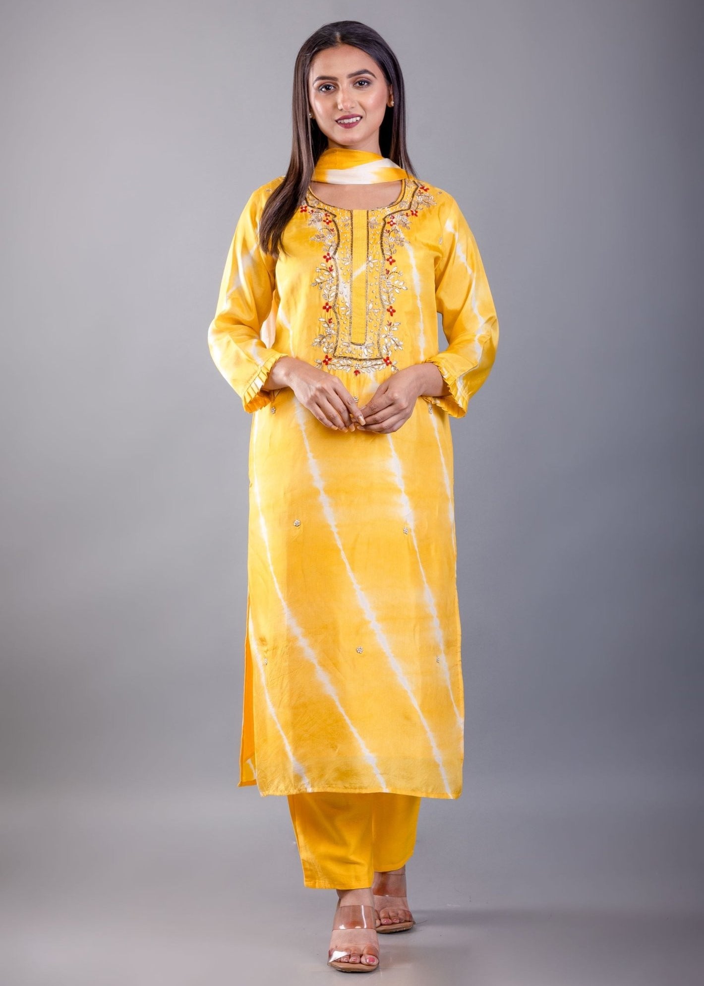 Yellow Shibori Dyed Kurti Set With Gota and Embroidered Hand Work - Anvi Couture