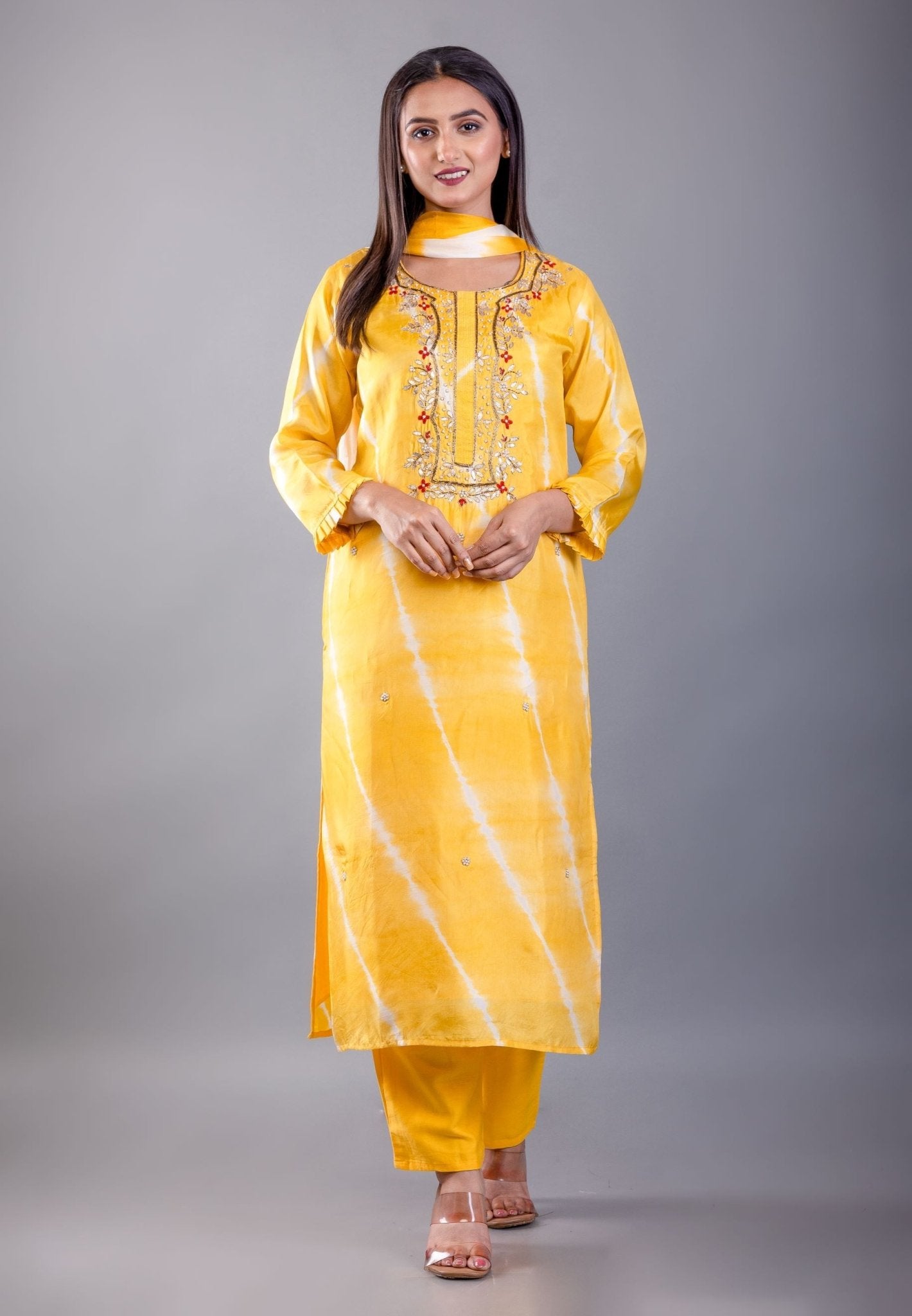 Yellow Shibori Dyed Kurti Set With Gota and Embroidered Hand Work - Anvi Couture