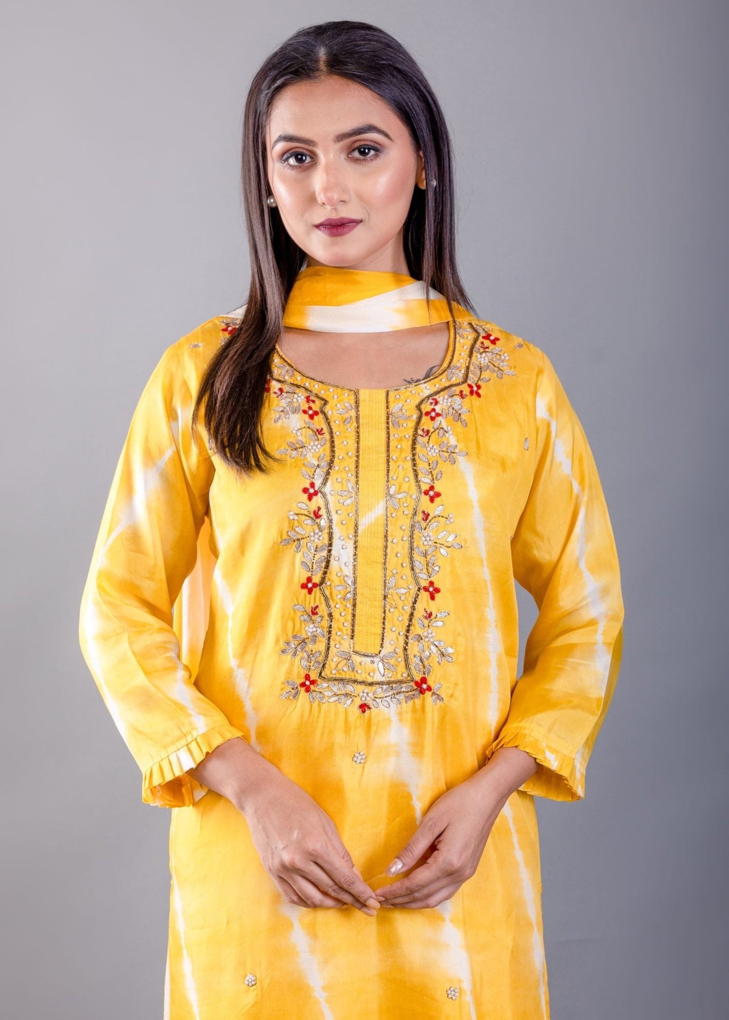 Yellow Shibori Dyed Kurti Set With Gota and Embroidered Hand Work - Anvi Couture