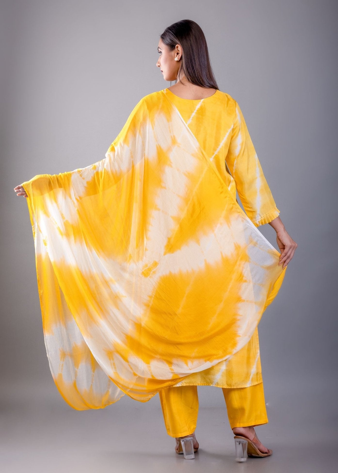 Yellow Shibori Dyed Kurti Set With Gota and Embroidered Hand Work - Anvi Couture