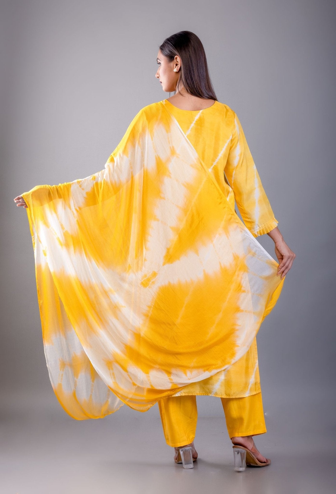 Yellow Shibori Dyed Kurti Set With Gota and Embroidered Hand Work - Anvi Couture