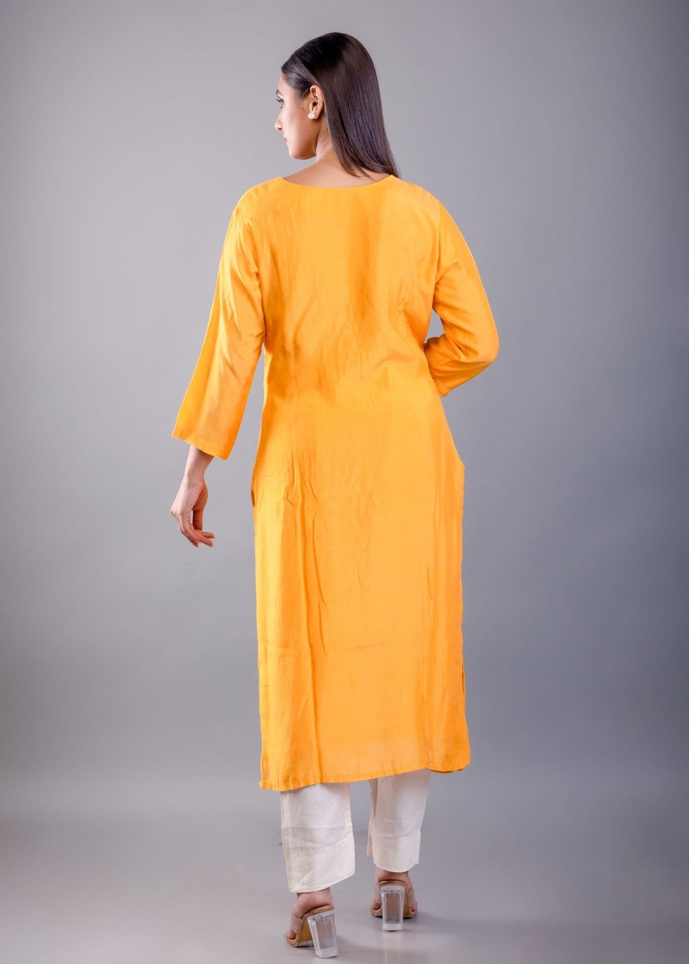 Yellow Kurti Set With Pearl Embroidered Work - Anvi Couture