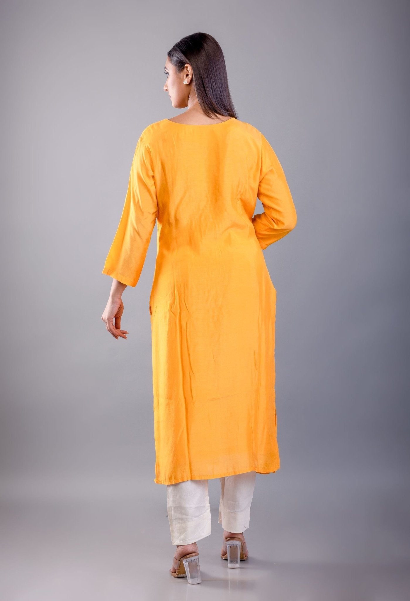 Yellow Kurti Set With Pearl Embroidered Work - Anvi Couture