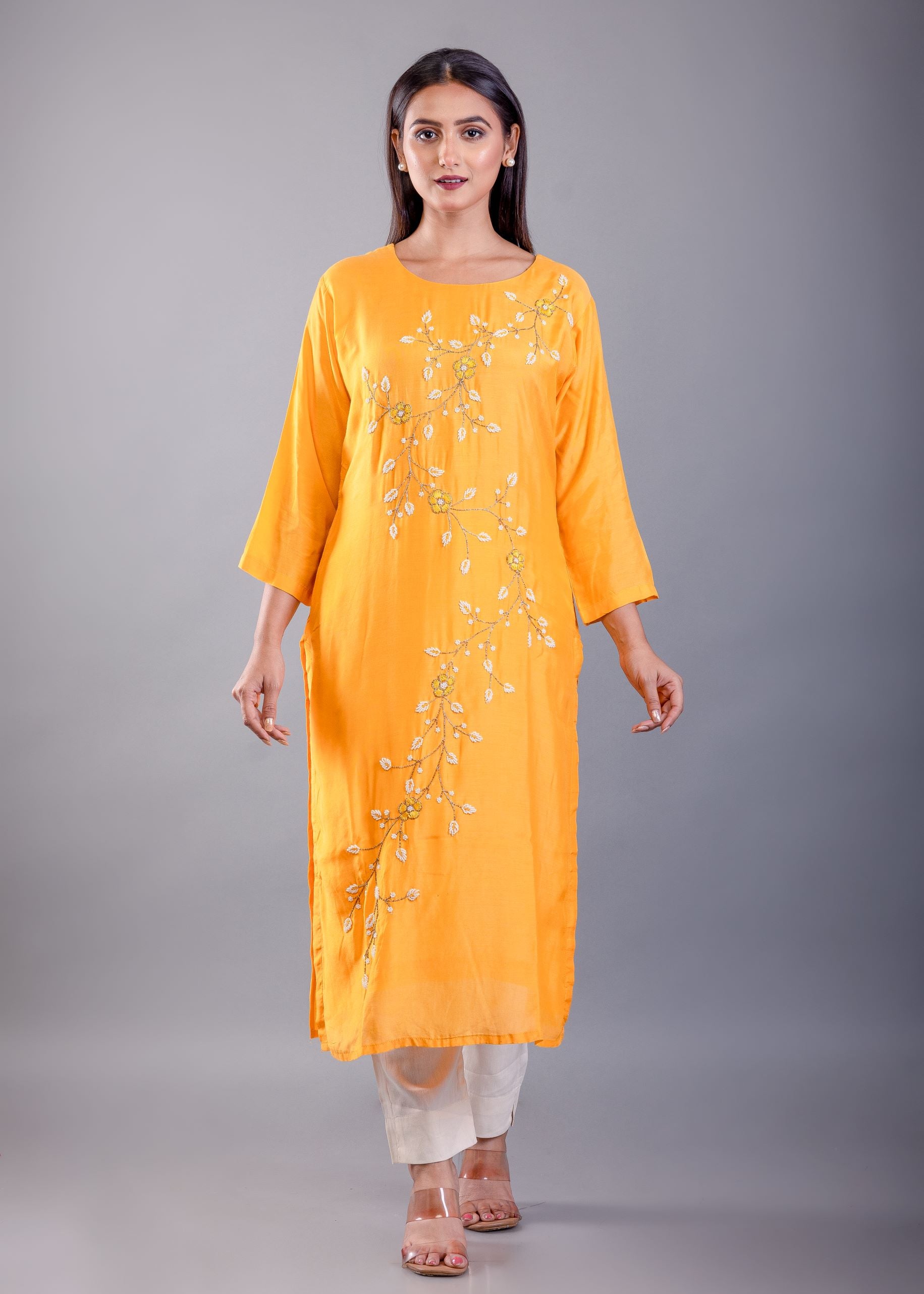 Yellow Kurti Set With Pearl Embroidered Work - image 1