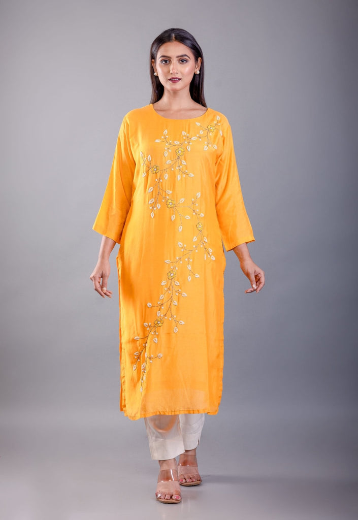 Yellow Kurti Set With Pearl Embroidered Work
