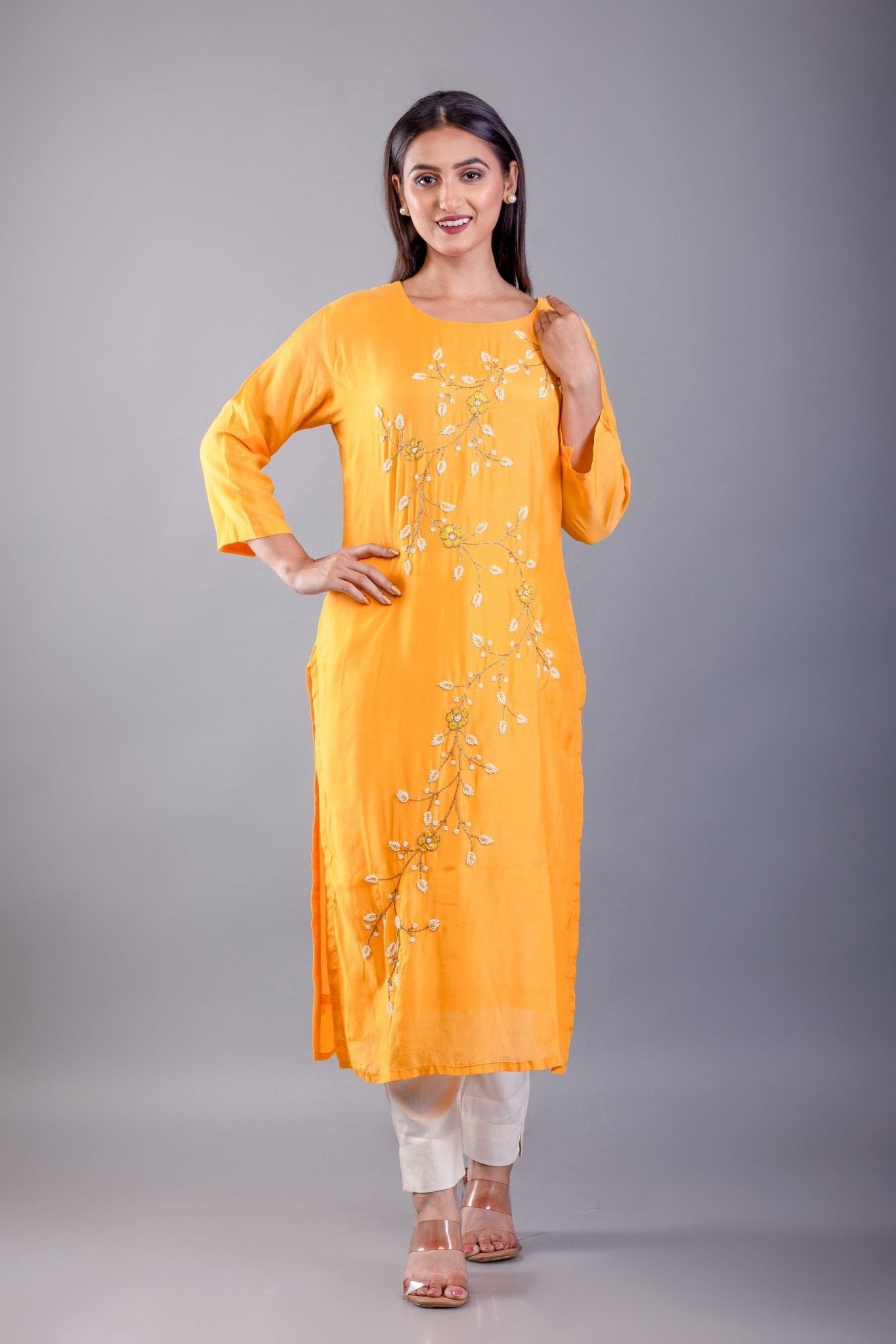 Yellow Kurti Set With Pearl Embroidered Work - Anvi Couture