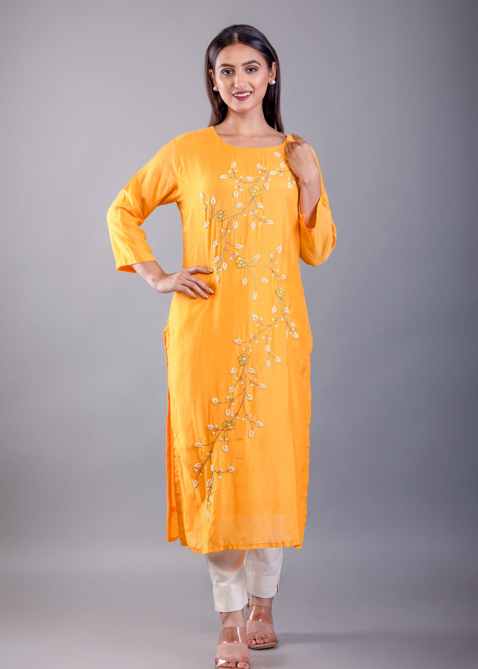 Yellow Kurti Set With Pearl Embroidered Work - image 2