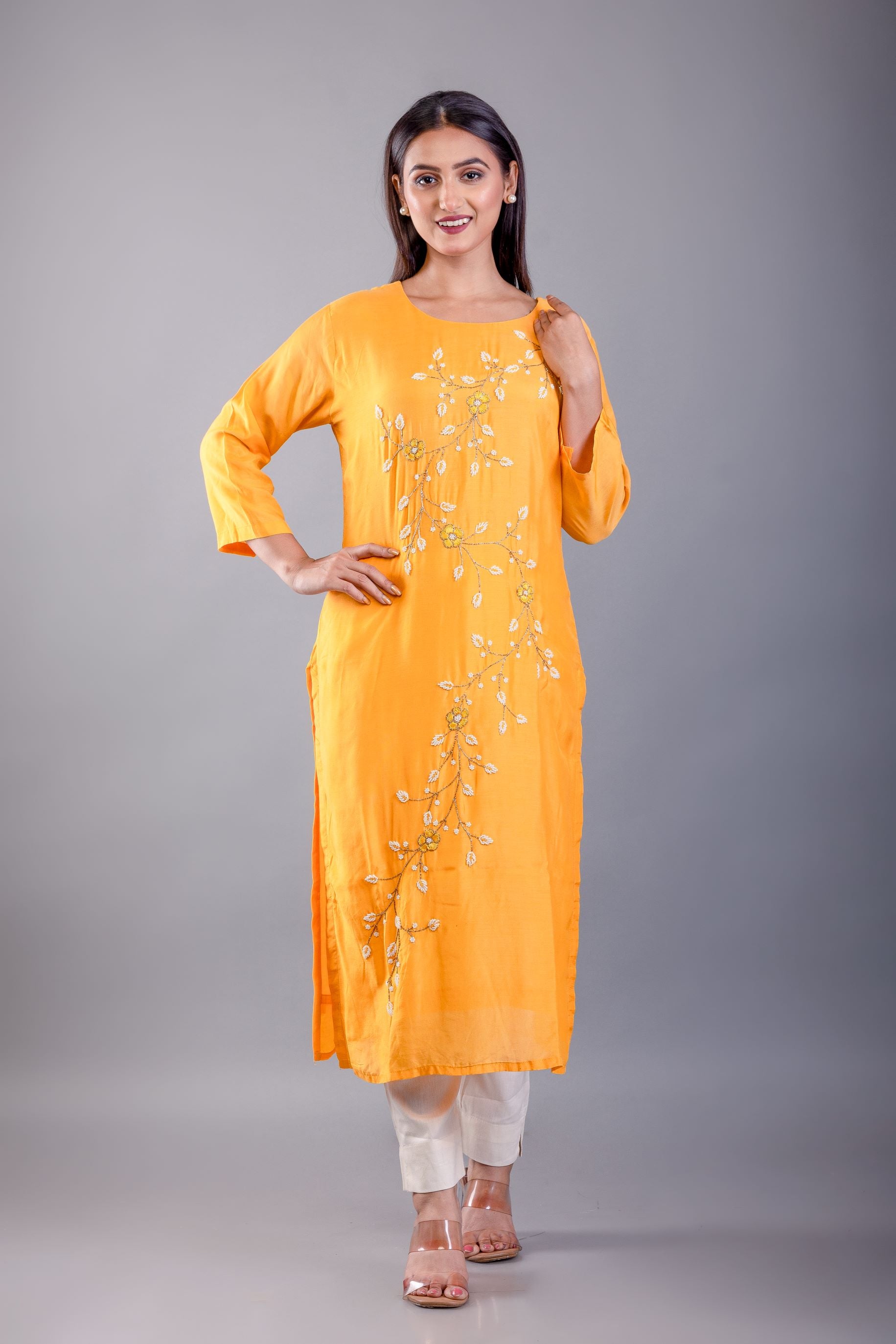 Yellow Kurti Set With Pearl Embroidered Work - image 2