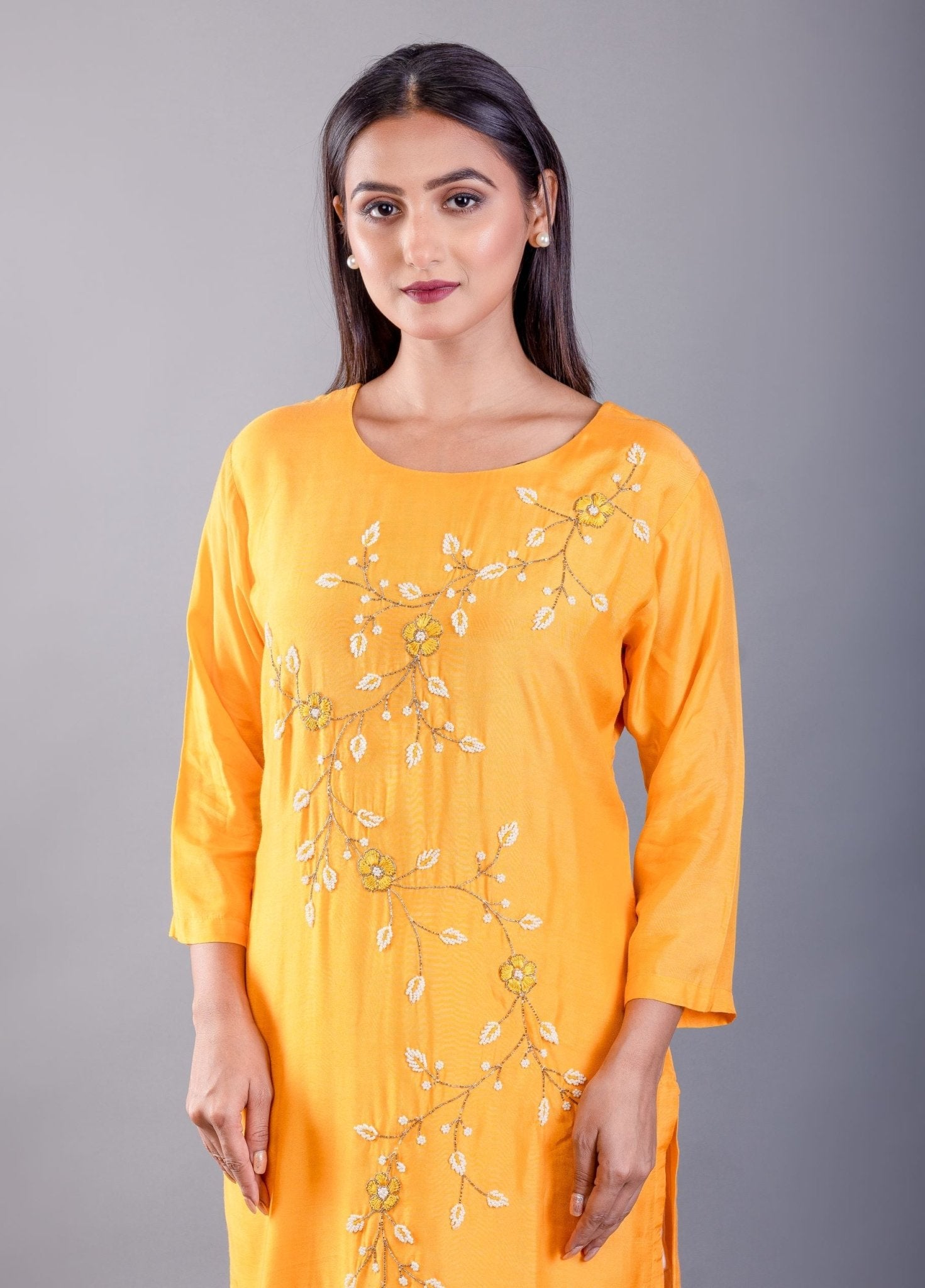 Yellow Kurti Set With Pearl Embroidered Work - Anvi Couture