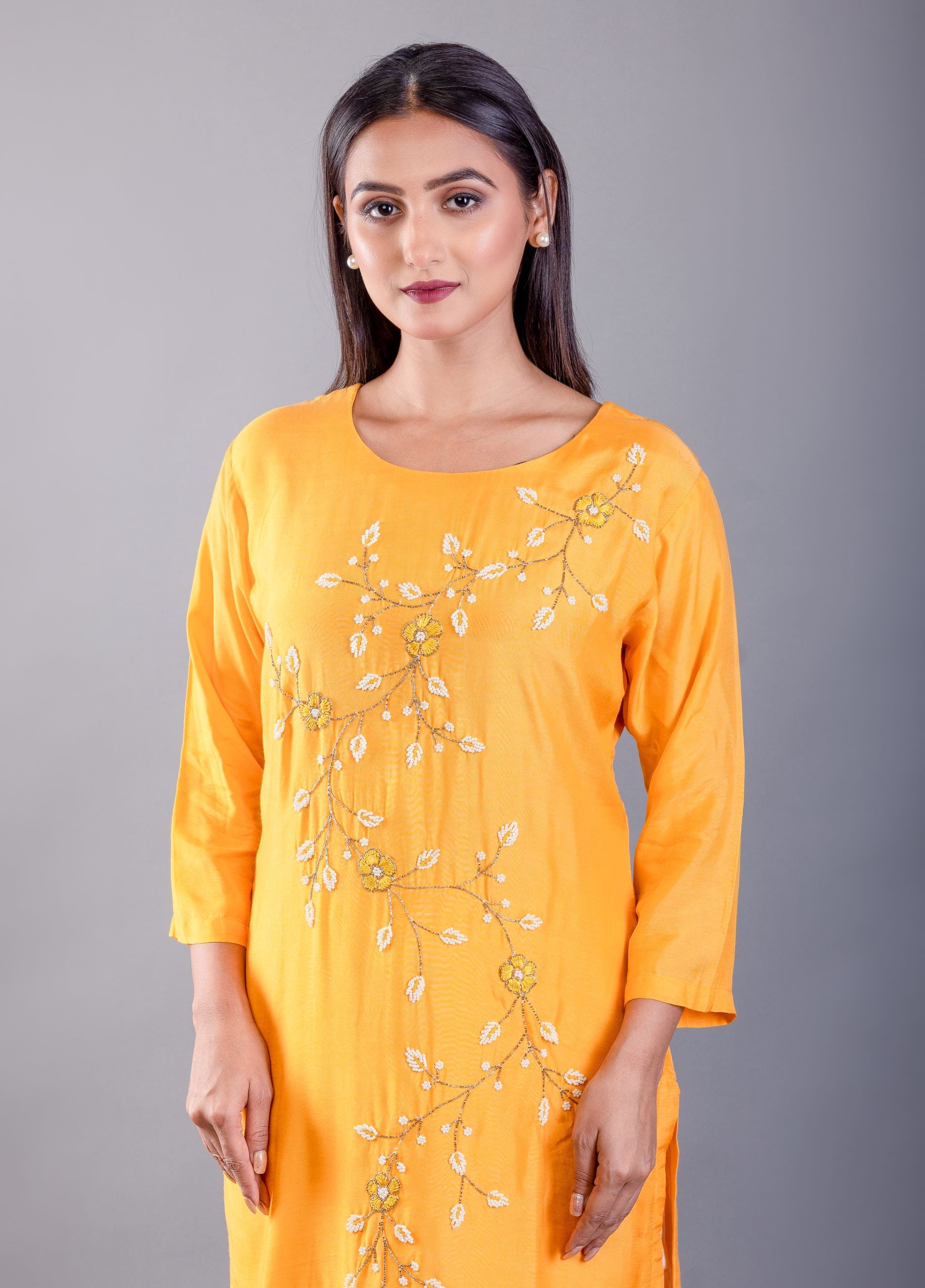 Yellow Kurti Set With Pearl Embroidered Work - image 3