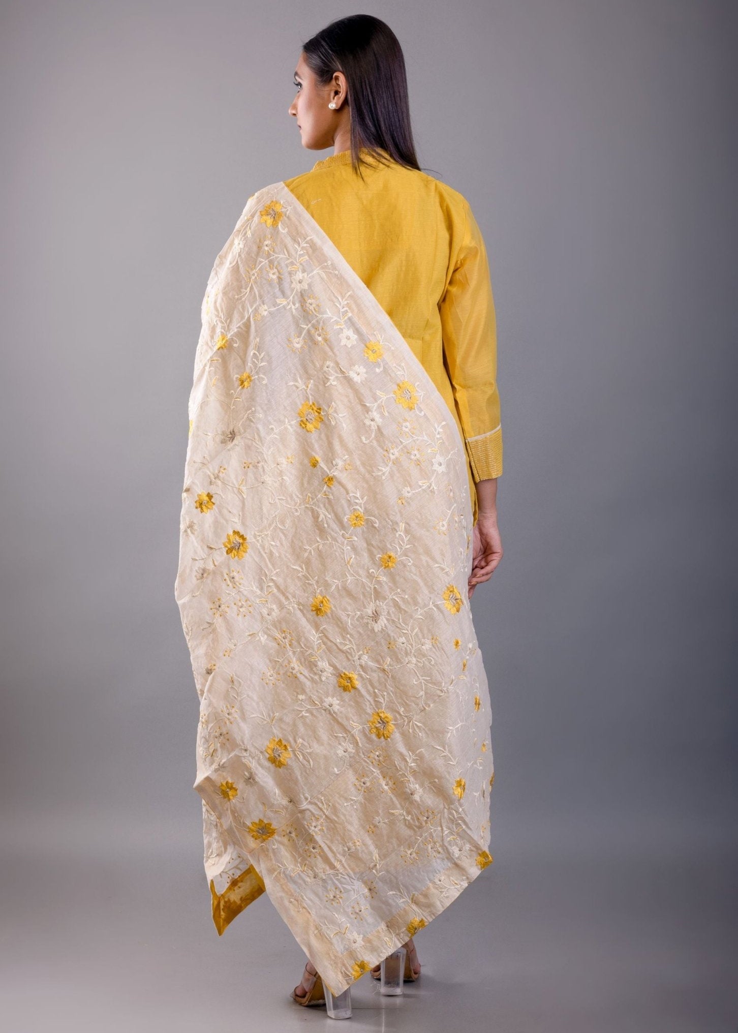 Yellow and White Kurti Set With Floral Embroidered Work - Anvi Couture