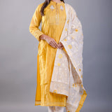 Yellow and White Kurti Set With Floral Embroidered Work - Anvi Couture