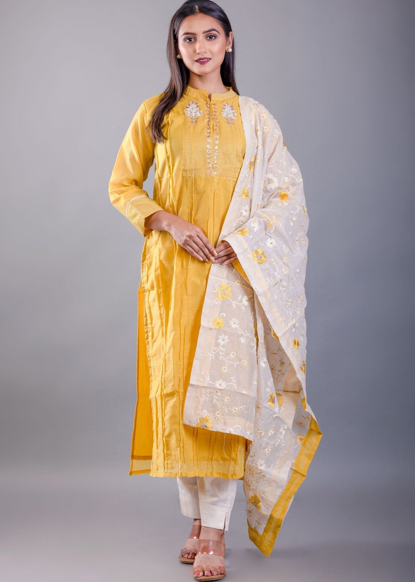Yellow and White Kurti Set With Floral Embroidered Work - Anvi Couture