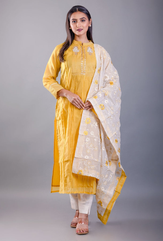 Yellow and White Kurti Set With Floral Embroidered Work
