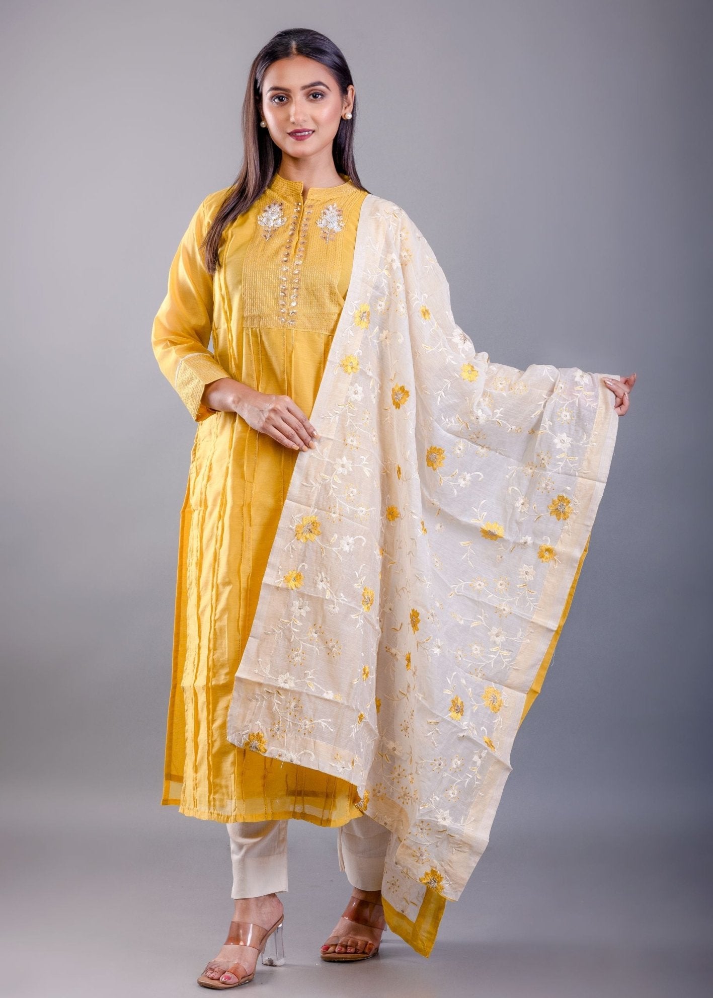 Yellow and White Kurti Set With Floral Embroidered Work - Anvi Couture