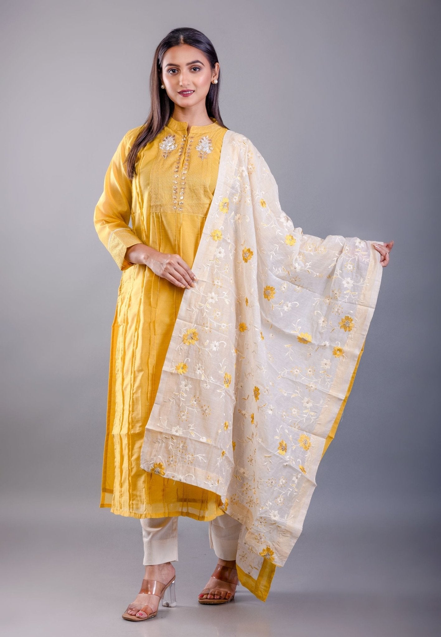 Yellow and White Kurti Set With Floral Embroidered Work - Anvi Couture