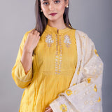 Yellow and White Kurti Set With Floral Embroidered Work - Anvi Couture