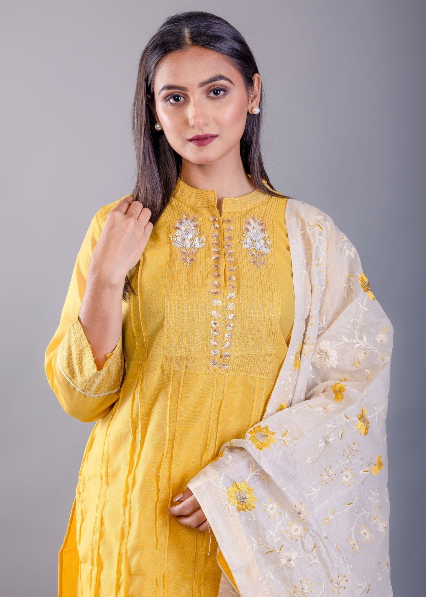 Yellow and White Kurti Set With Floral Embroidered Work - Anvi Couture