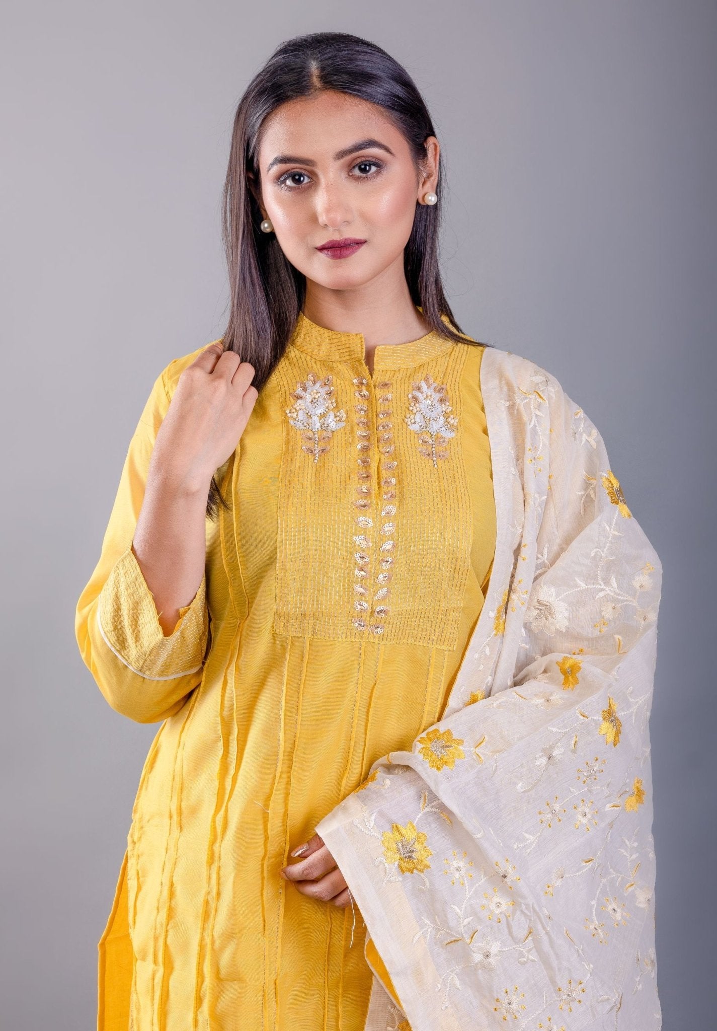 Yellow and White Kurti Set With Floral Embroidered Work - Anvi Couture
