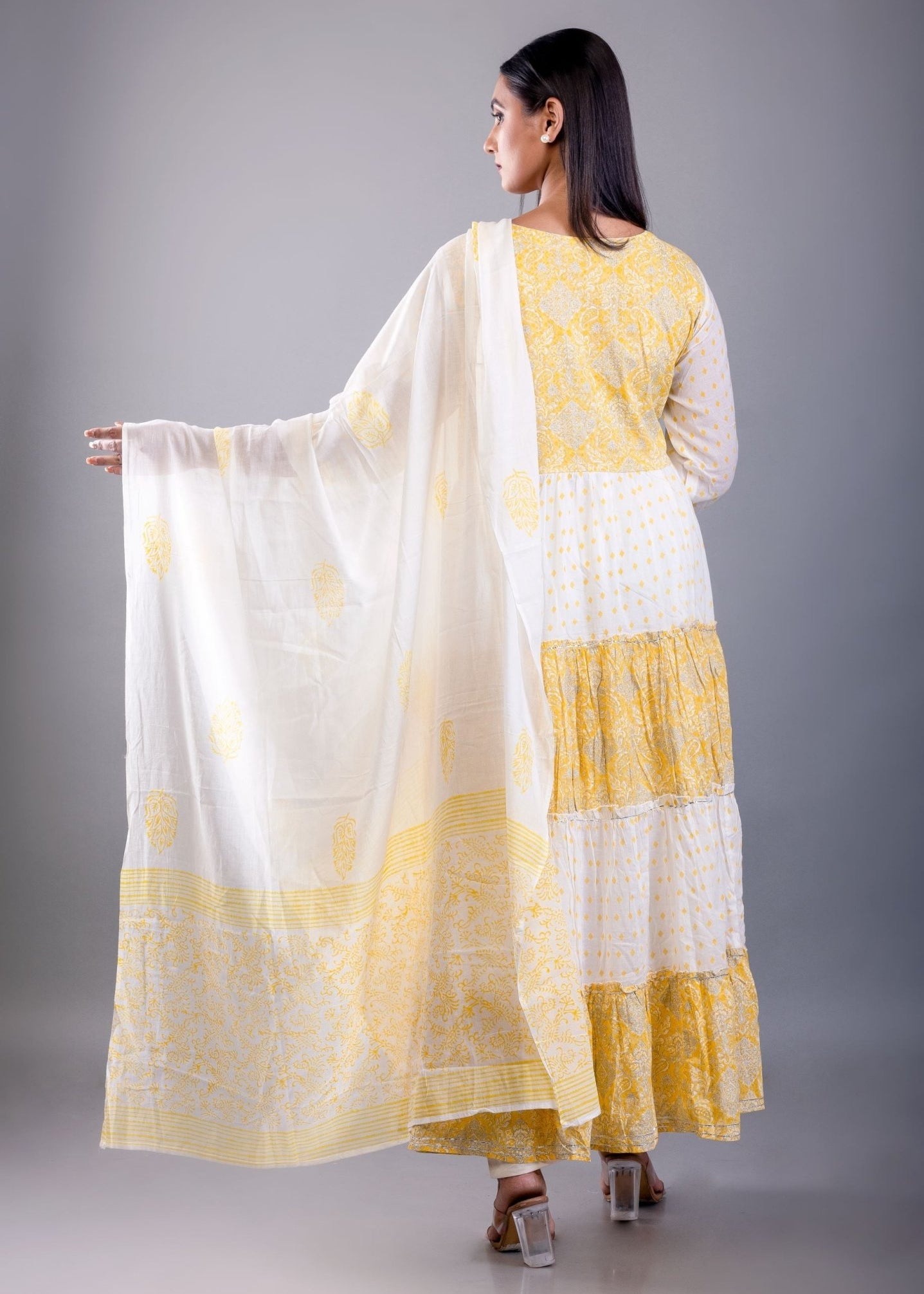 Yellow and White Printed Anarkali Set With Embroiderd Work - Anvi Couture