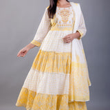 Yellow and White Printed Anarkali Set With Embroiderd Work - Anvi Couture
