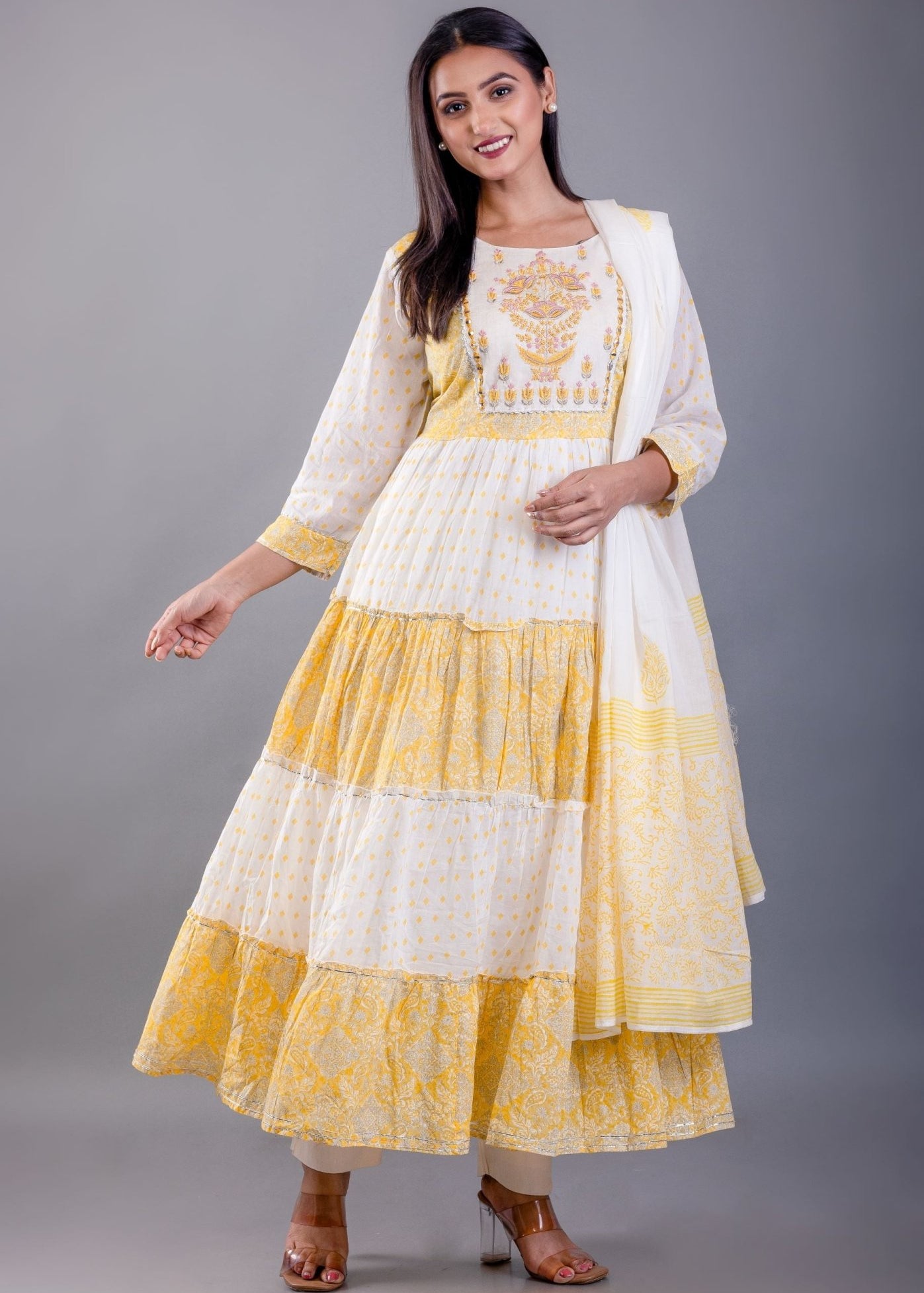 Yellow and White Printed Anarkali Set With Embroiderd Work - Anvi Couture
