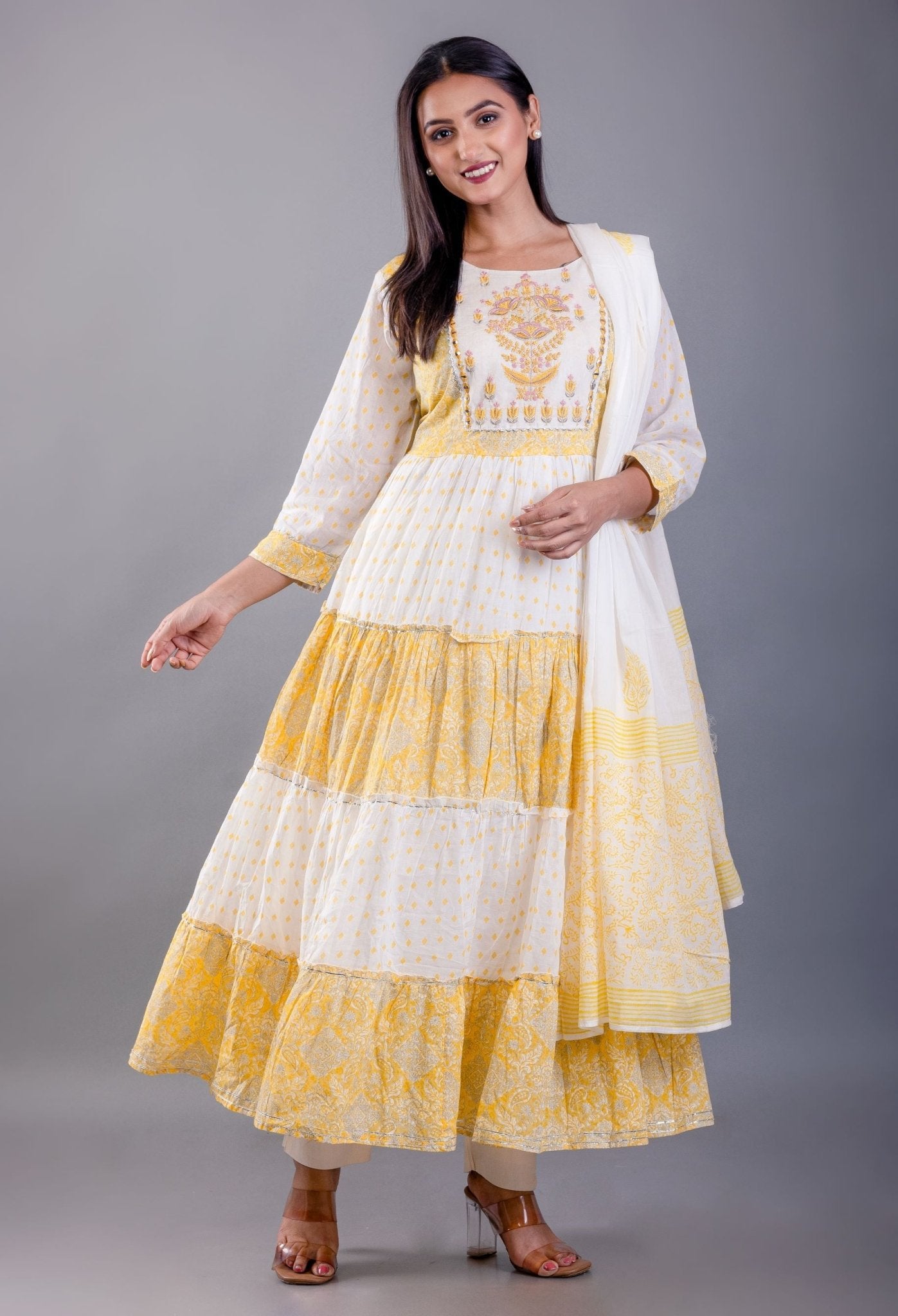 Yellow and White Printed Anarkali Set With Embroiderd Work - Anvi Couture