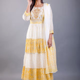 Yellow and White Printed Anarkali Set With Embroiderd Work - Anvi Couture