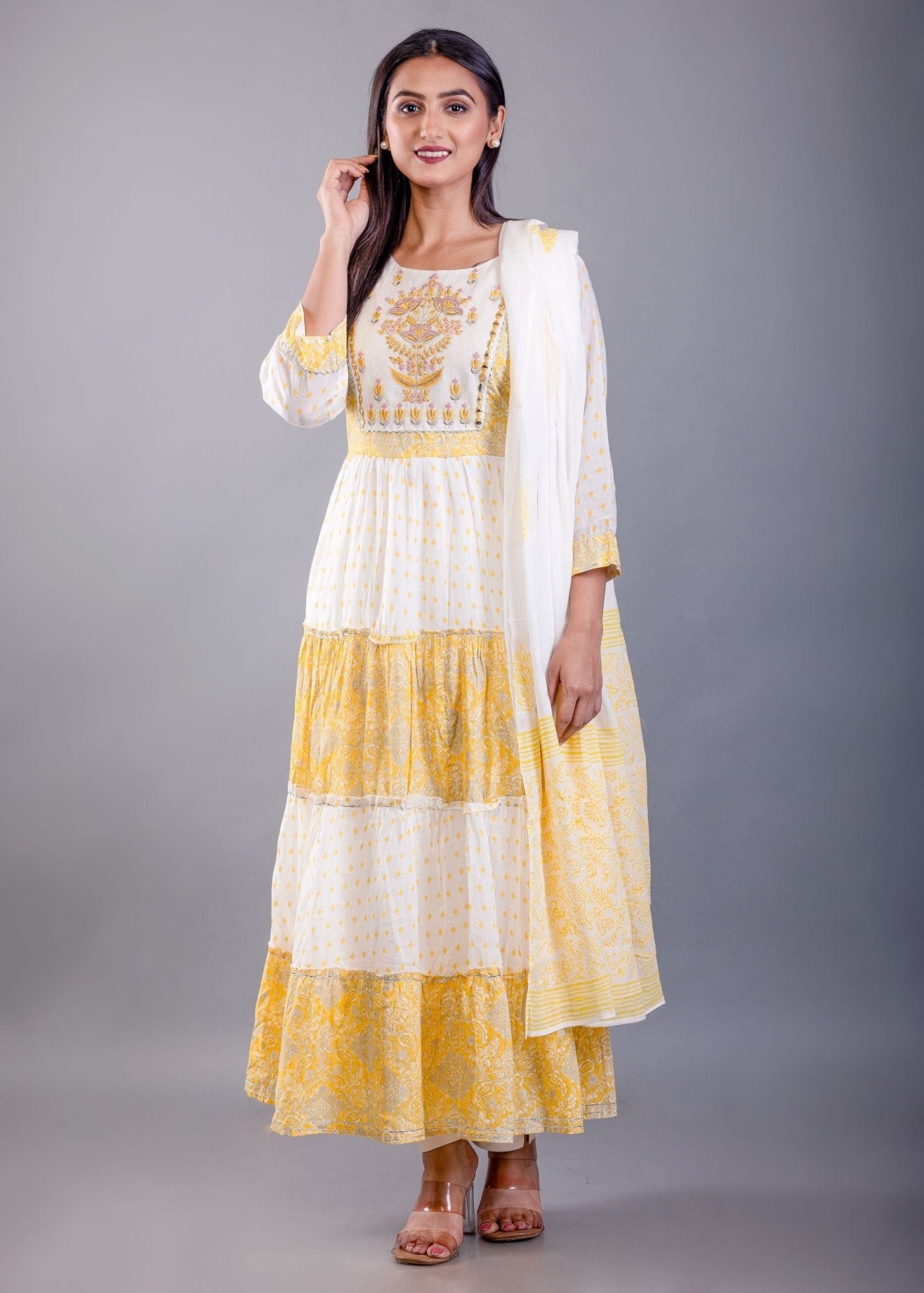 Yellow and White Printed Anarkali Set With Embroiderd Work - Anvi Couture