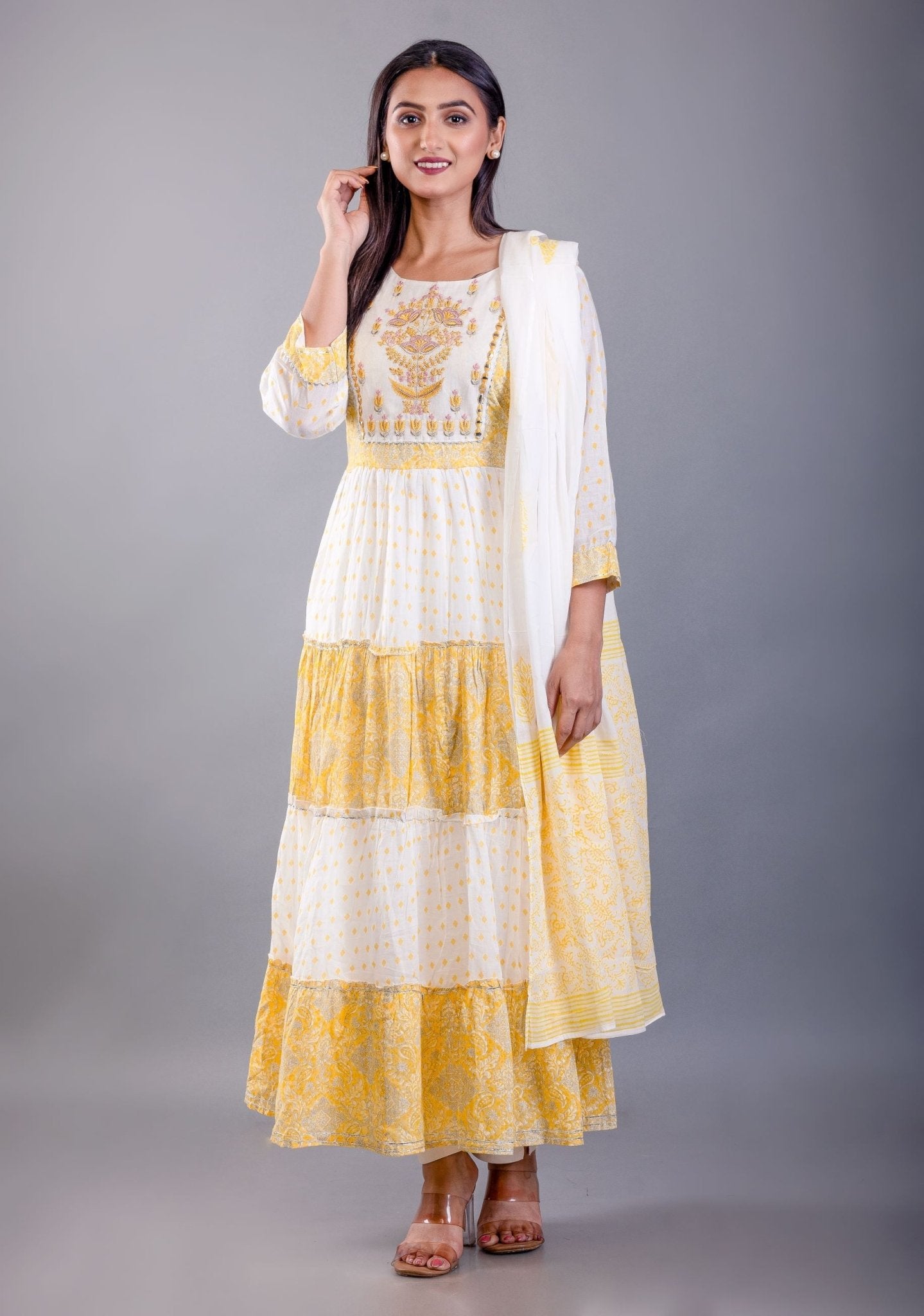 Yellow and White Printed Anarkali Set With Embroiderd Work - Anvi Couture