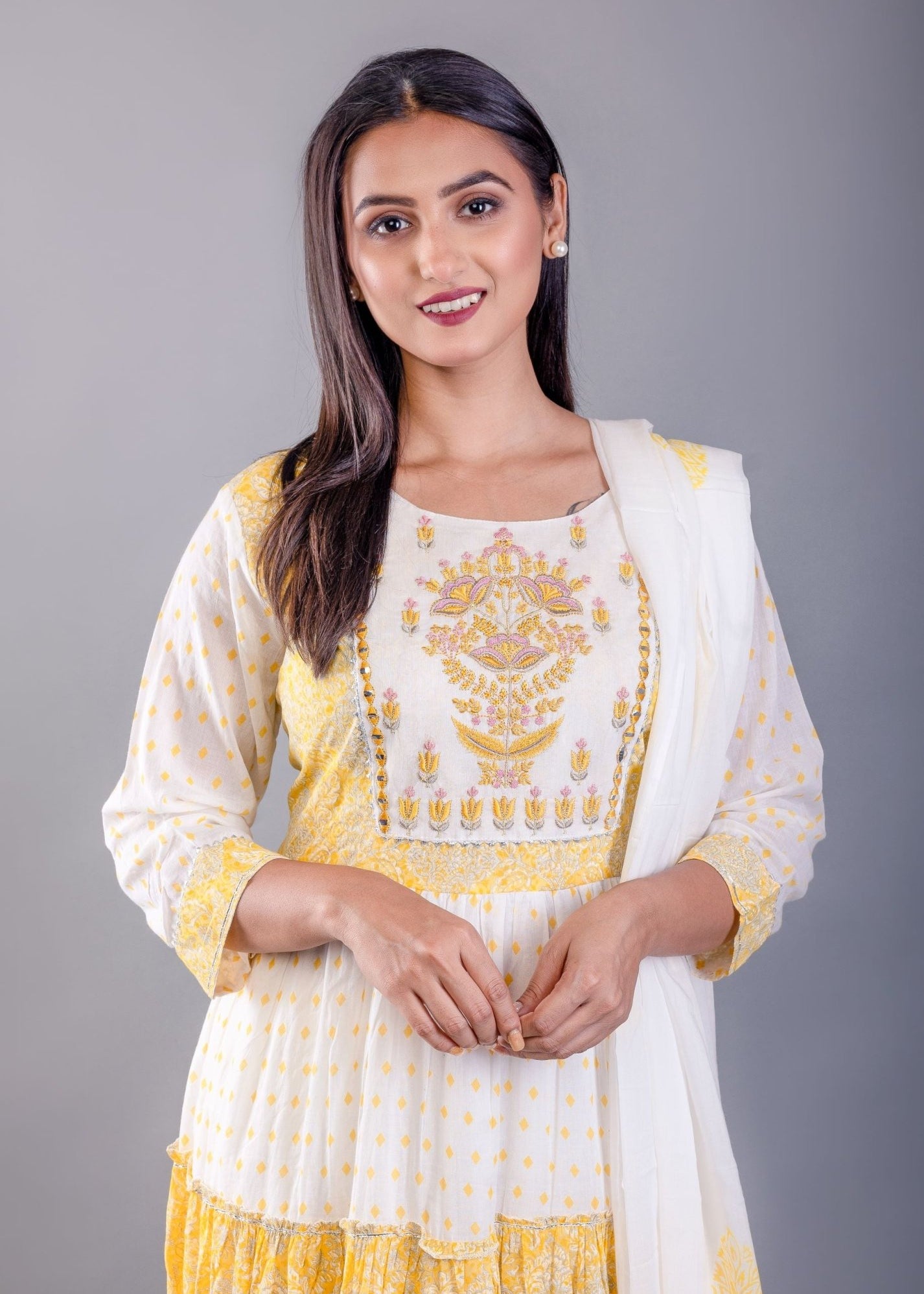 Yellow and White Printed Anarkali Set With Embroiderd Work - Anvi Couture