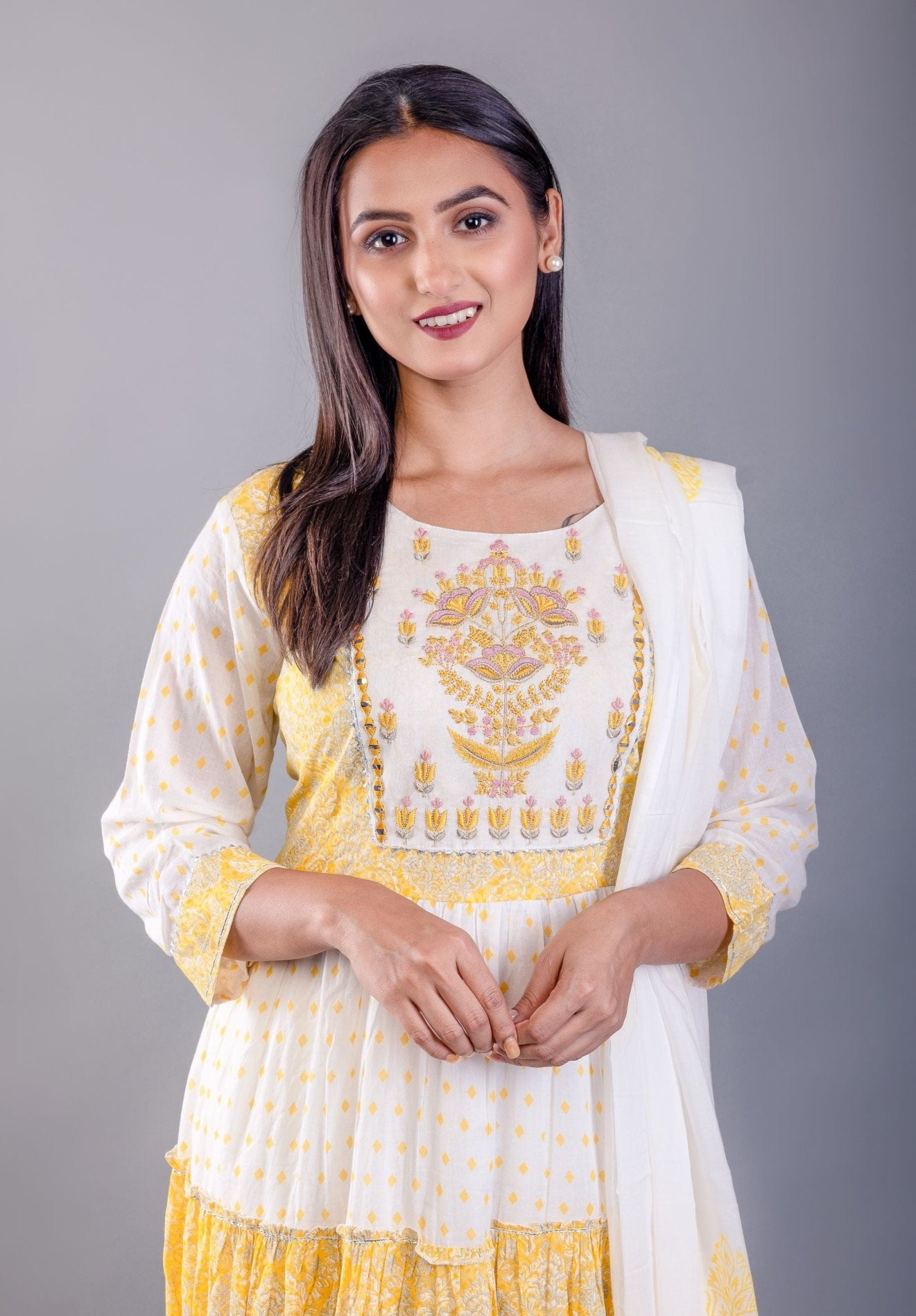 Yellow and White Printed Anarkali Set With Embroiderd Work - Anvi Couture