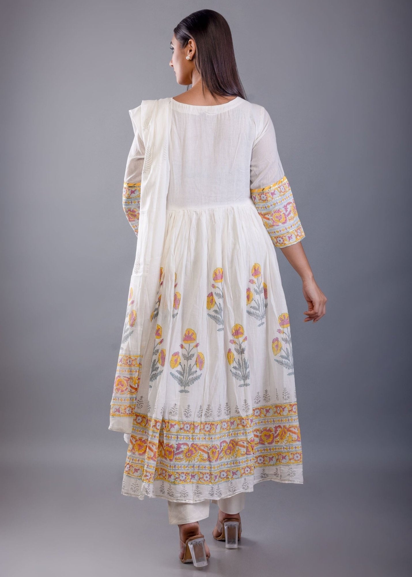 Yellow Block Print Anarkali Cotton Kurti Set - Anvi Couture