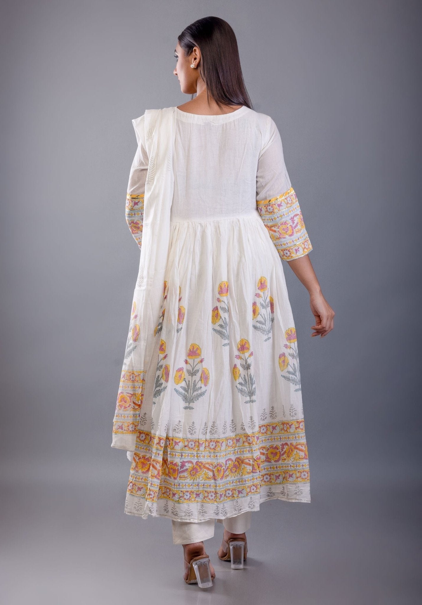 Yellow Block Print Anarkali Cotton Kurti Set - Anvi Couture