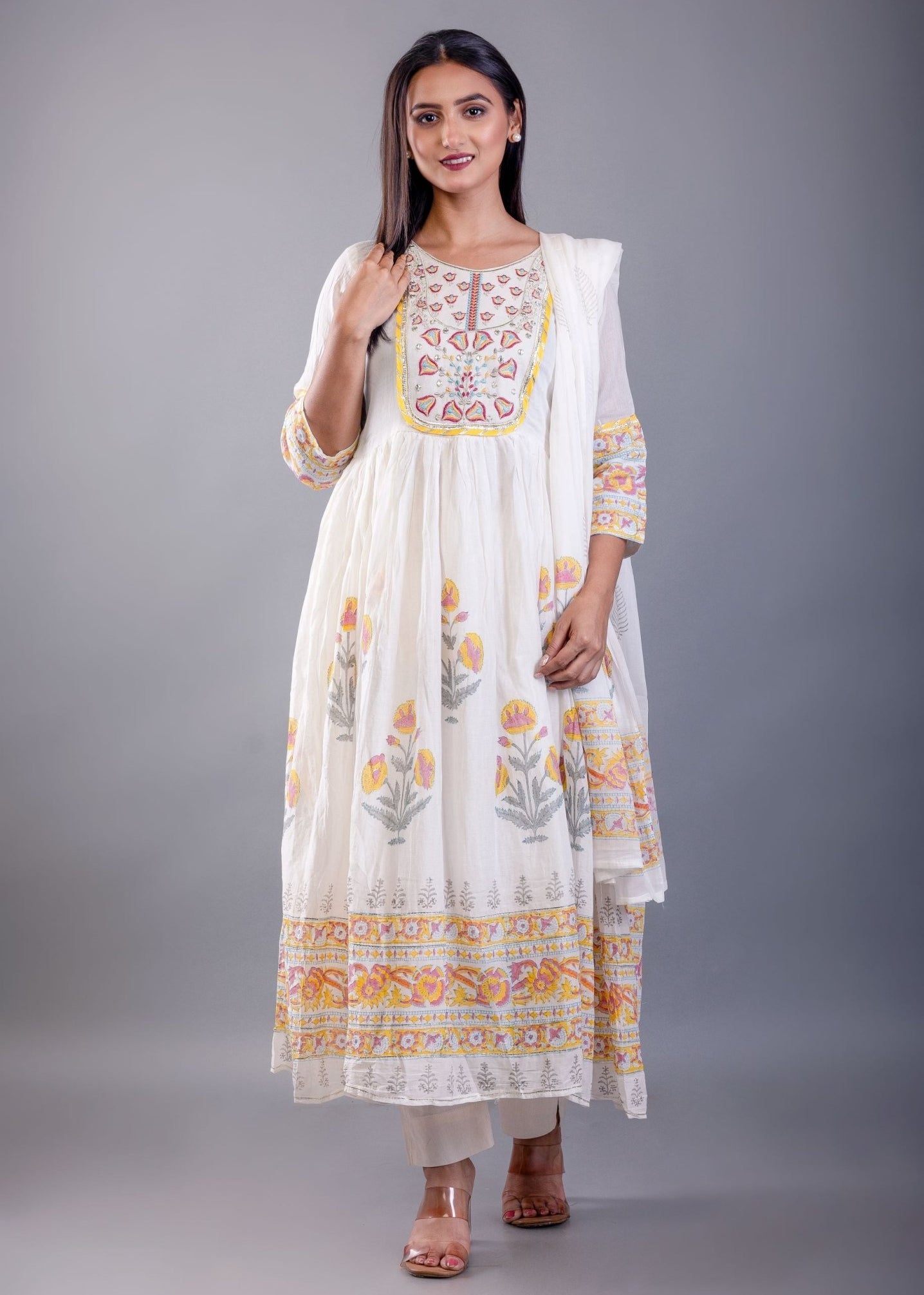 Yellow Block Print Anarkali Cotton Kurti Set - Anvi Couture