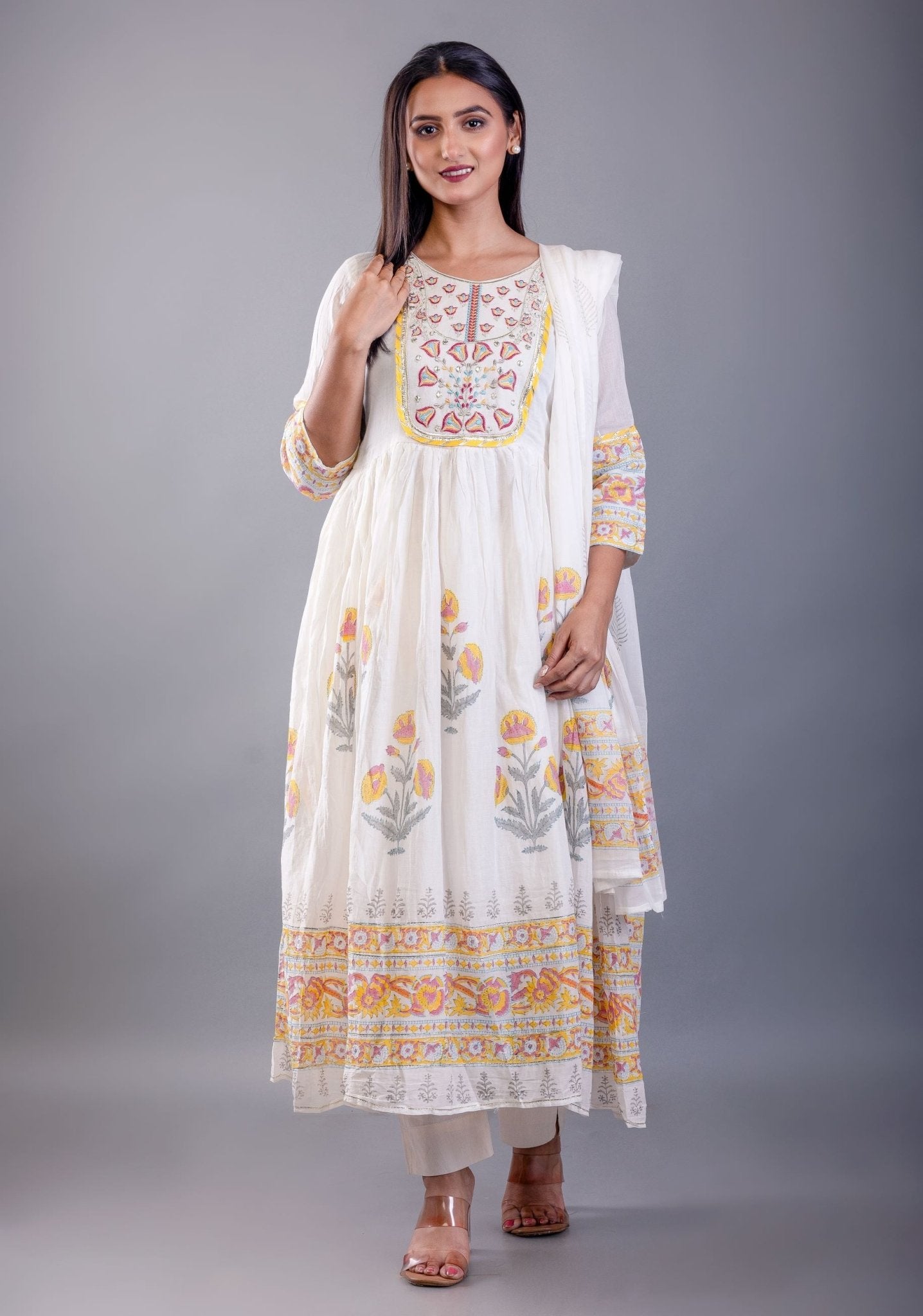 Yellow Block Print Anarkali Cotton Kurti Set - Anvi Couture