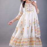 Yellow Block Print Anarkali Cotton Kurti Set - Anvi Couture