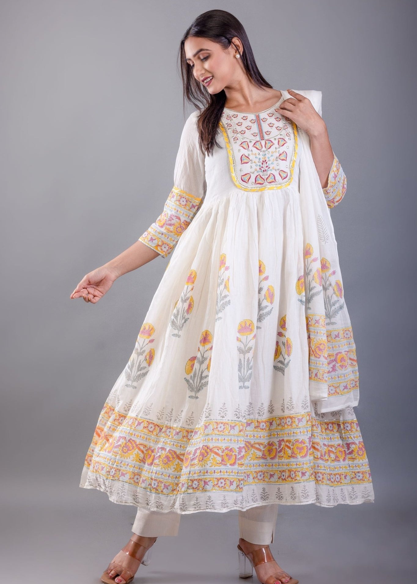 Yellow Block Print Anarkali Cotton Kurti Set - Anvi Couture