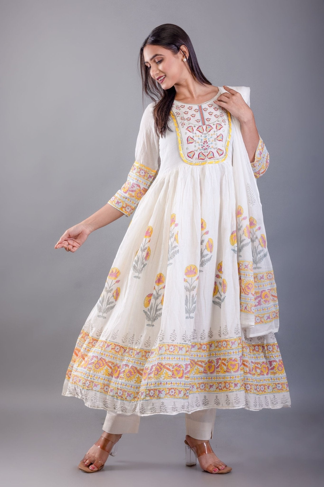 Yellow Block Print Anarkali Cotton Kurti Set - Anvi Couture