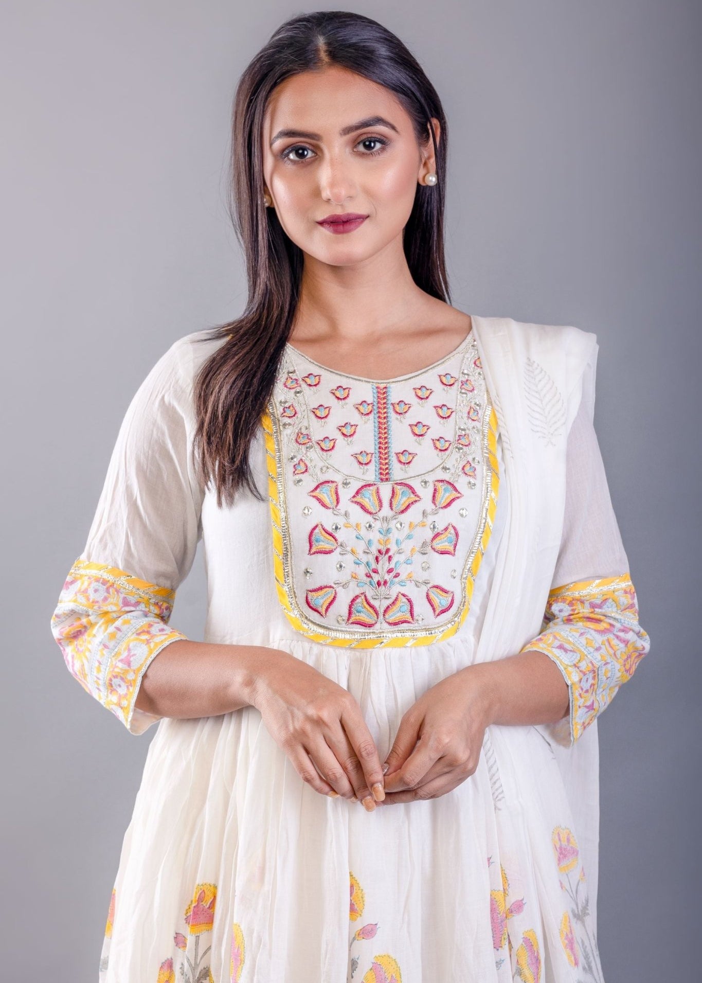 Yellow Block Print Anarkali Cotton Kurti Set - Anvi Couture