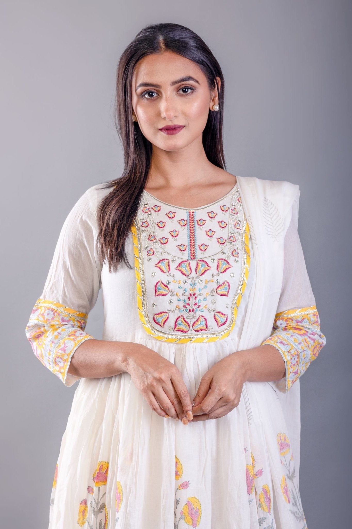 Yellow Block Print Anarkali Cotton Kurti Set - Anvi Couture