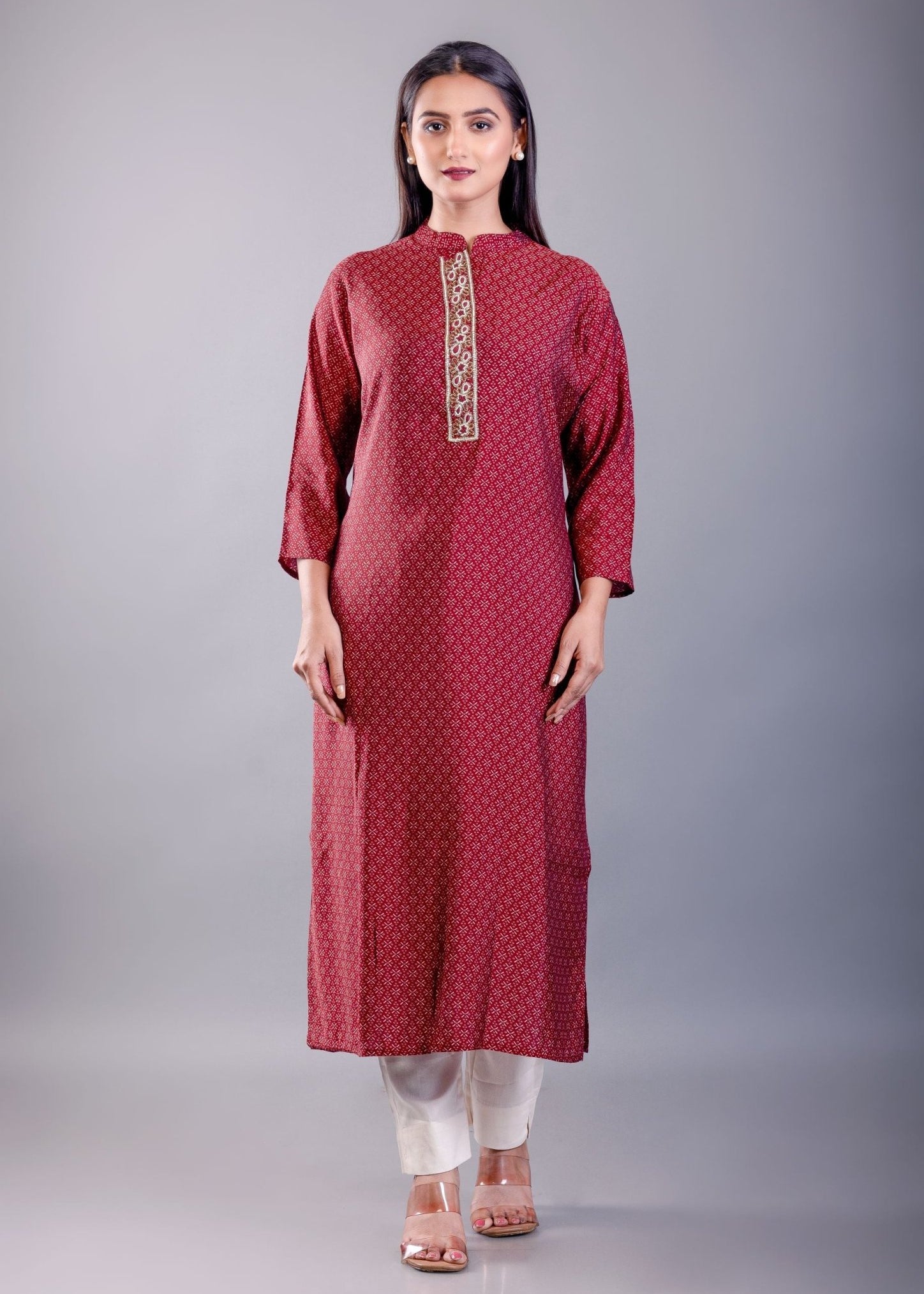 Red Straight Kurti With Embroidered Work - Anvi Couture
