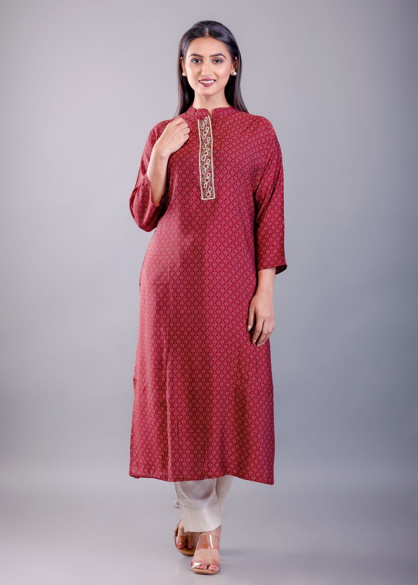 Red Straight Kurti With Embroidered Work - Anvi Couture