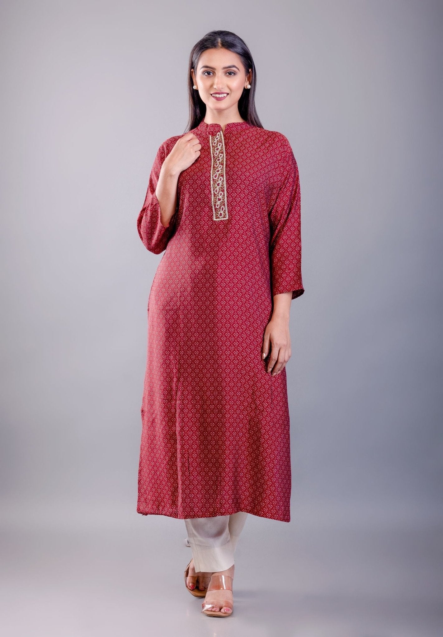 Red Straight Kurti With Embroidered Work - Anvi Couture