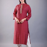 Red Straight Kurti With Embroidered Work - Anvi Couture