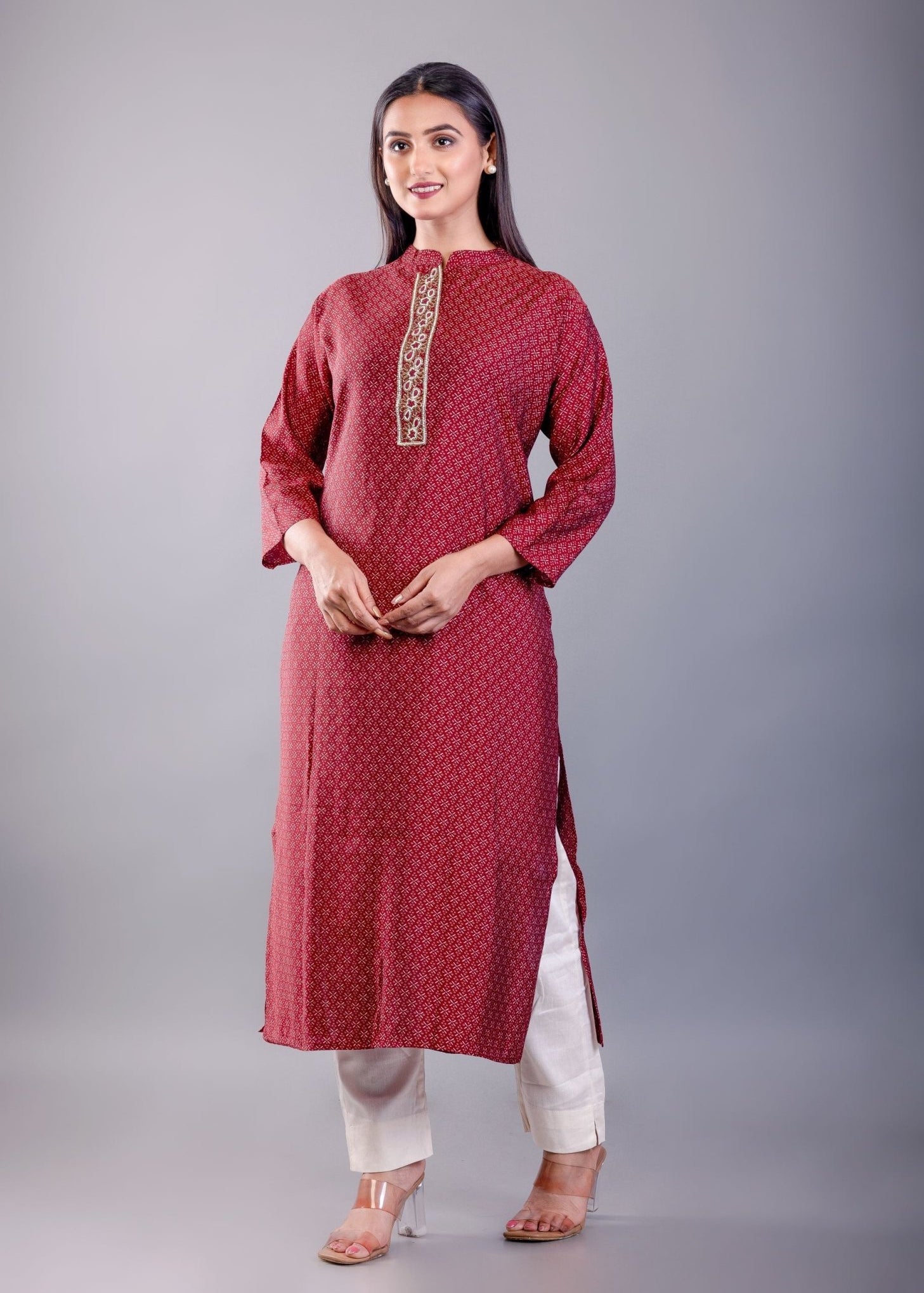Red Straight Kurti With Embroidered Work - Anvi Couture