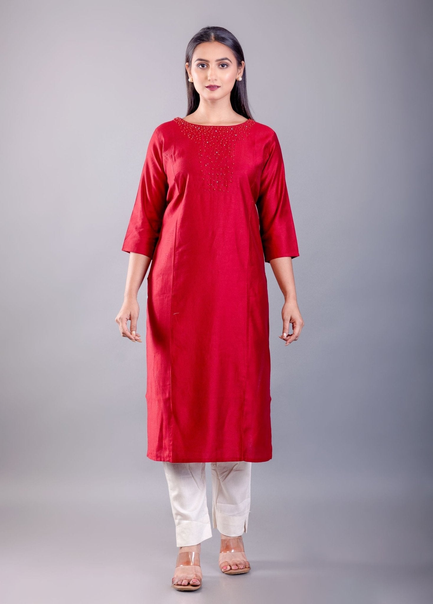 Buy Red Kurti with Red Pearl Motifs - Anvi Couture