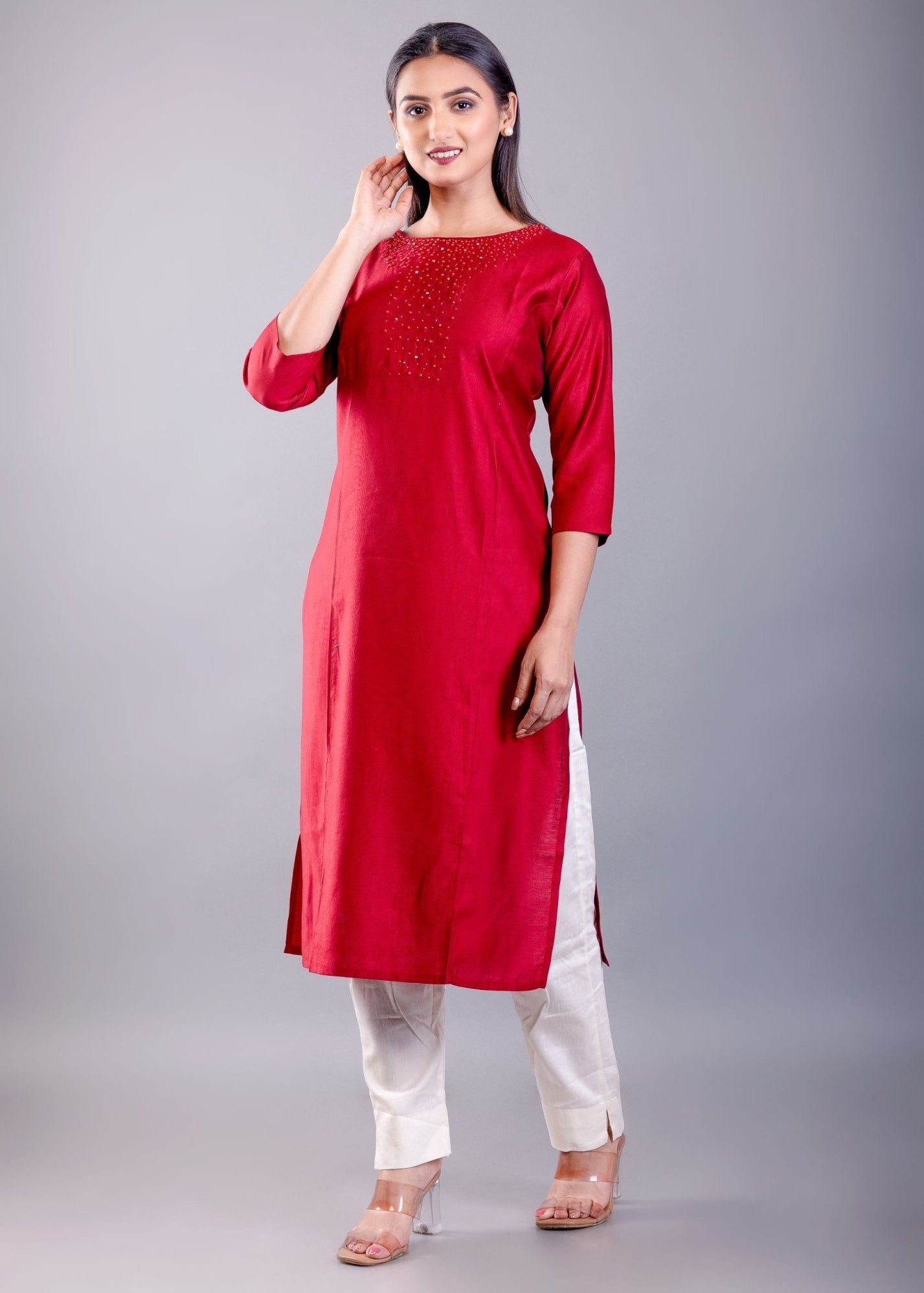 Buy Red Kurti with Red Pearl Motifs - Anvi Couture