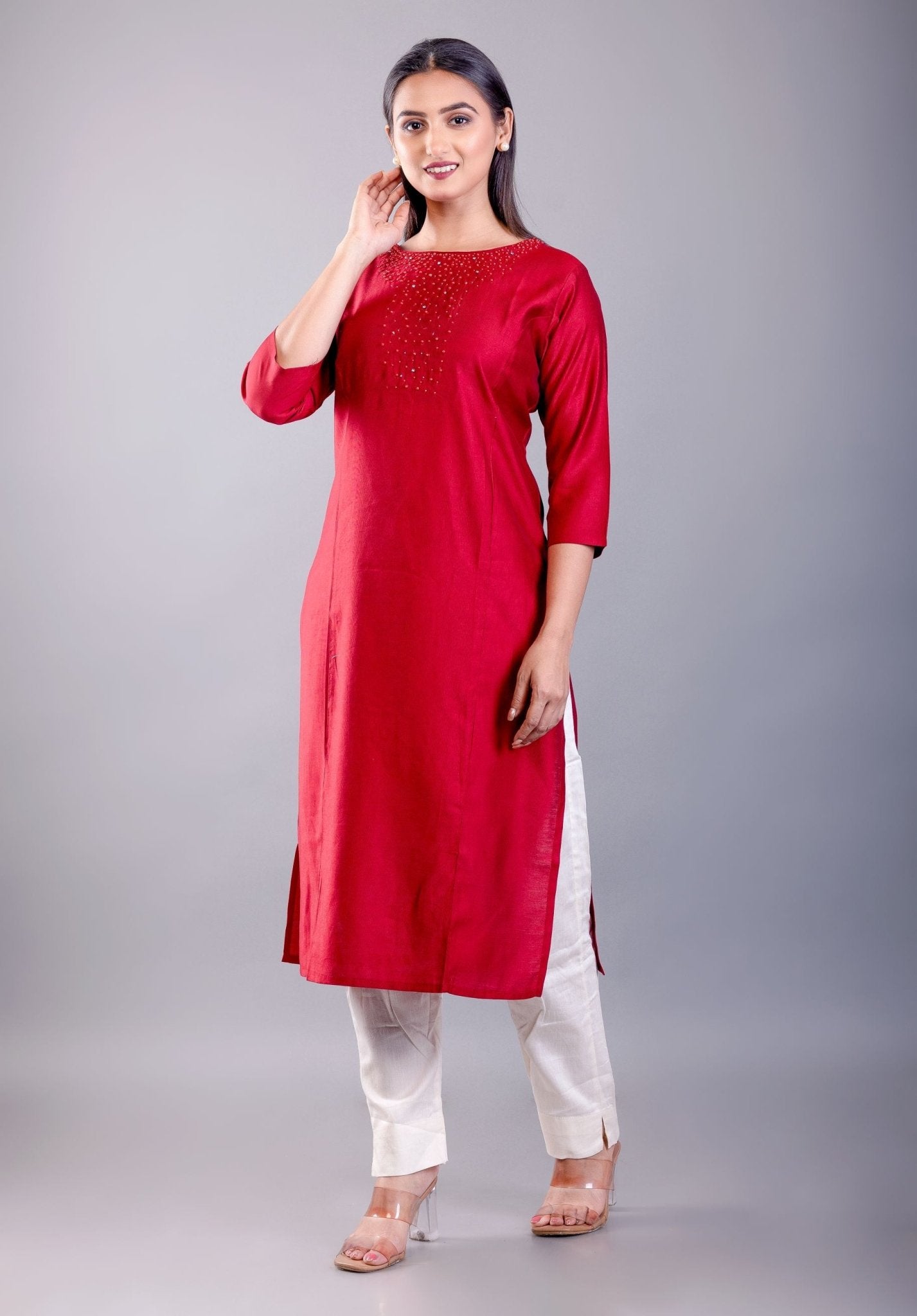 Buy Red Kurti with Red Pearl Motifs - Anvi Couture